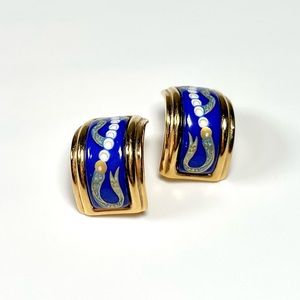 Hermes Blue Kelly and Pearls Clip On Earrings